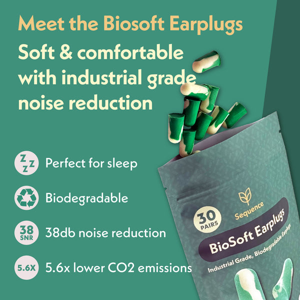 Biosoft Earplugs - Biodegradable, 38db reduction - 30 pairs